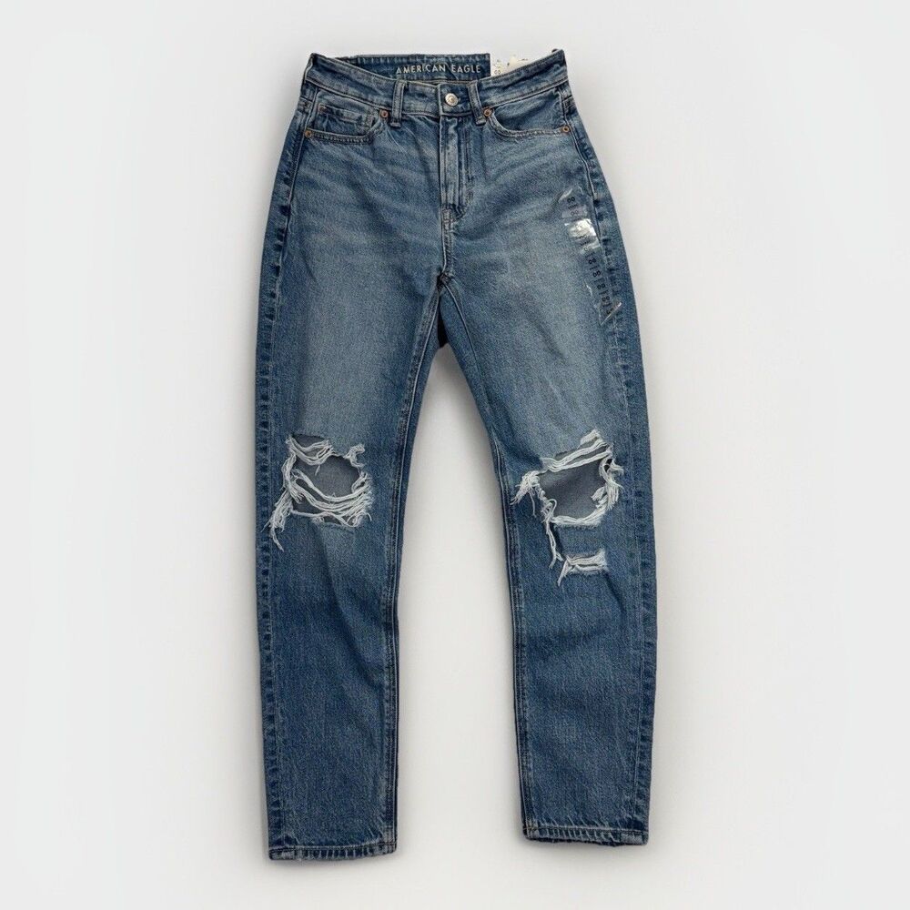 NEW‎ American Eagle Strigid Mom Jeans Womens 00 Short Distressed High Rise Blue